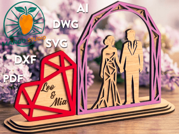3D Wedding Couple & Geometric Heart Laser Cut Design