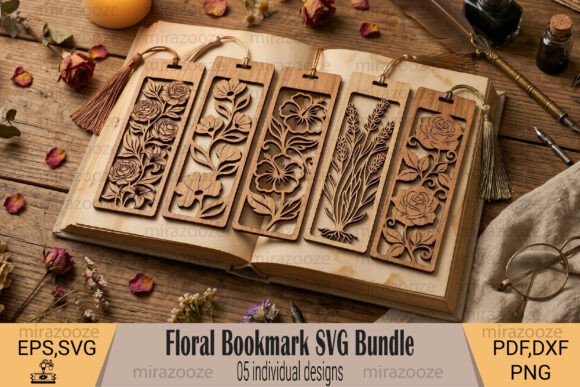 Floral Bookmark SVG Bundle: Elegant Wooden Designs for Crafters