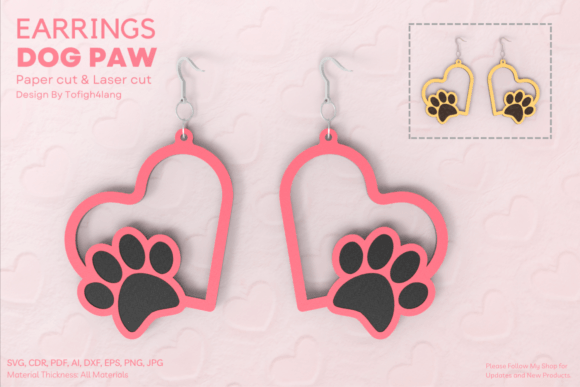 Heart Paw Dog Earrings for Laser & Paper Cutting