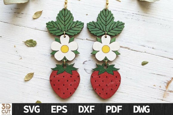 Strawberry Flower Wooden Earrings: Elegant Laser Cut Design