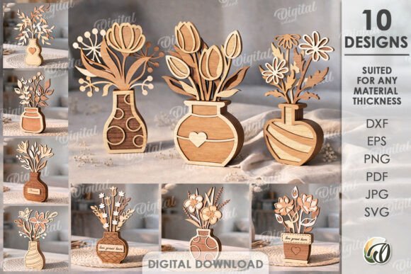 Wooden Flowers with a Vases Bundle Laser
